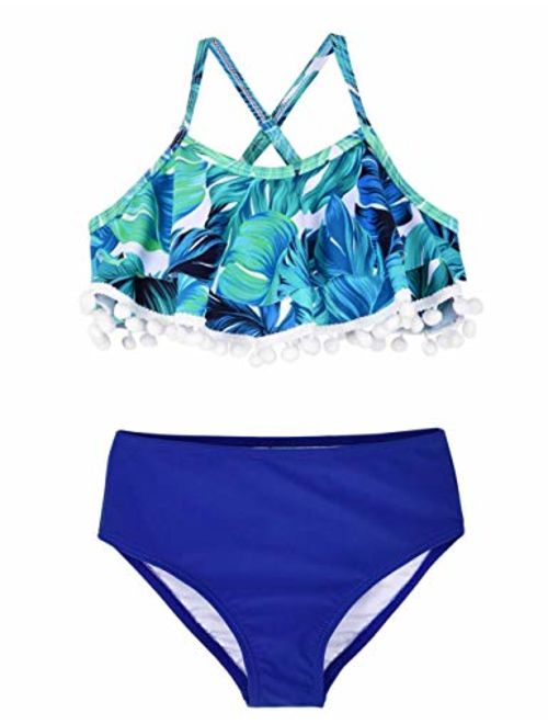 Hilor Girl's Bikini Set Crop Flounce Two Piece Swimsuits Kids Haler Bathing Suits