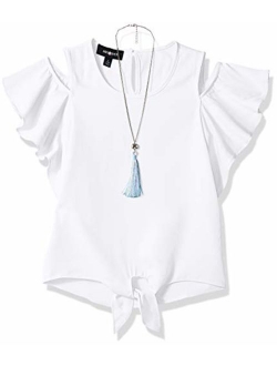 Girls' Flutter Sleeve Cold Shoulder Top with Necklace