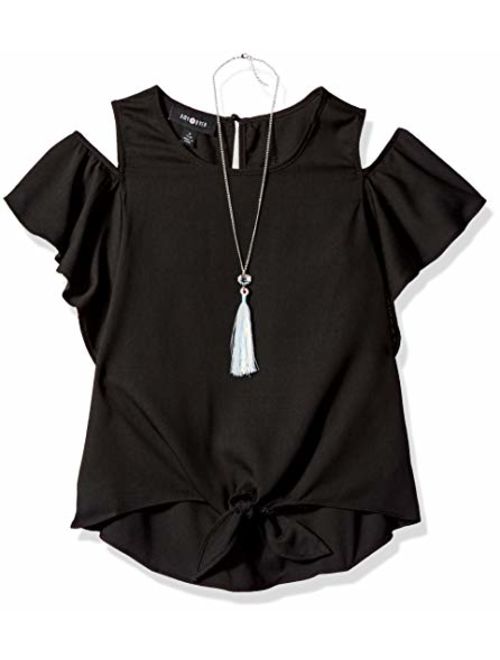 Amy Byer Girls' Flutter Sleeve Cold Shoulder Top with Necklace