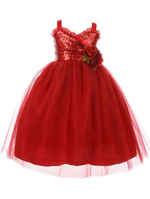 Girls Dress Sequins Ruffle Trim Layered Tulle Pageant Party Flower Girl Dress