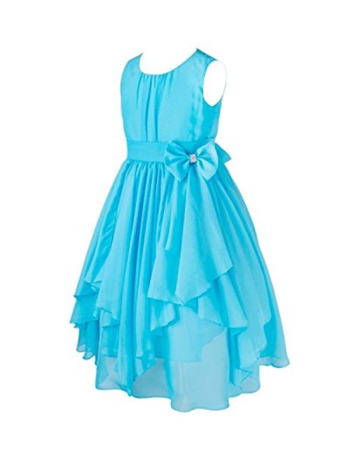 FEESHOW Kids Big Girl Asymmetric Chiffon Flower Wedding Bridesmaid Party Dress