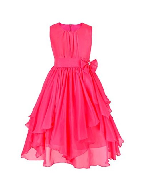 FEESHOW Kids Big Girl Asymmetric Chiffon Flower Wedding Bridesmaid Party Dress