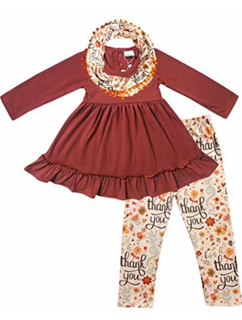 Angeline Boutique Clothing Girls Fall Winter Long Sleeves Top Leggings Scarf Set - Halloween Thanksgiving 3-piece Outfits w/ Scarves