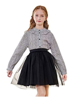 SOLOCOTE Girls White Blouse Ruffle Long Sleeve Button Down Shirts Princess Cotton Loose Soft Tops Spring and Summer 3-14Y