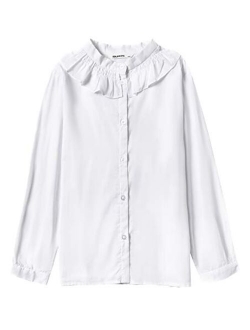 SOLOCOTE Girls White Blouse Ruffle Long Sleeve Button Down Shirts Princess Cotton Loose Soft Tops Spring and Summer 3-14Y