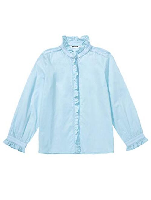 SOLOCOTE Girls White Blouse Ruffle Long Sleeve Button Down Shirts Princess Cotton Loose Soft Tops Spring and Summer 3-14Y