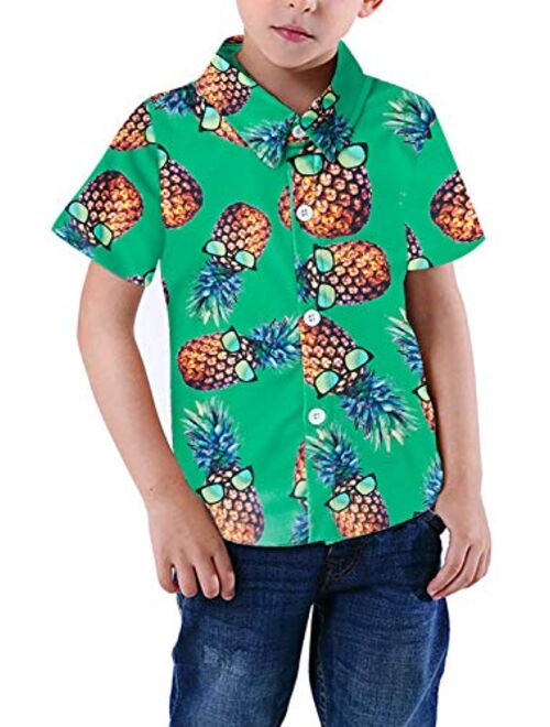 RAISEVERN Boys' Button Down Shirts Hawaiian Cartoon Print Slim-Fit Short Sleeve Cool Dress Shirt Cute Top for Kids(2-14T)