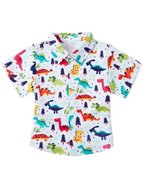 RAISEVERN Boys' Button Down Shirts Hawaiian Cartoon Print Slim-Fit Short Sleeve Cool Dress Shirt Cute Top for Kids(2-14T)