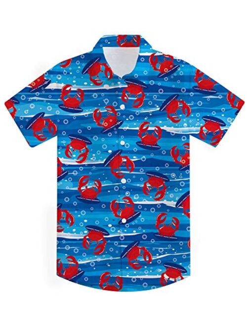 RAISEVERN Boys' Button Down Shirts Hawaiian Cartoon Print Slim-Fit Short Sleeve Cool Dress Shirt Cute Top for Kids(2-14T)