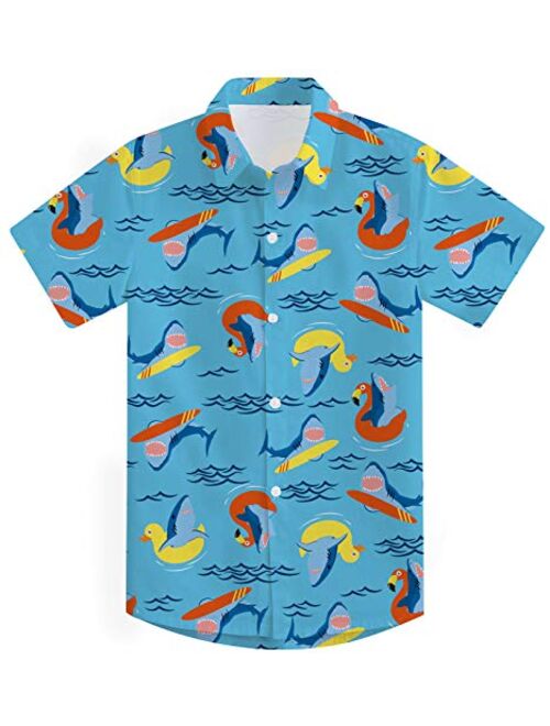 RAISEVERN Boys' Button Down Shirts Hawaiian Cartoon Print Slim-Fit Short Sleeve Cool Dress Shirt Cute Top for Kids(2-14T)