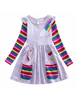 JUXINSU Cotton Girls Flower Rainbow Long Sleeve Dresses Butterfly Animal for Kids 3-8 Years