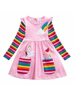 JUXINSU Cotton Girls Flower Rainbow Long Sleeve Dresses Butterfly Animal for Kids 3-8 Years