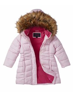 Girls' Midlength Quilted Fleece Lined Winter Puffer Jacket Coat Zip-Off Fur Hood-Light Pink (14/16)