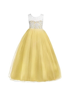 Girls Tulle Dresses 7-16 Flower Lace Pageant Party Wedding Floor Length Formal Dance Evening Gowns