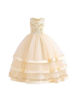 Girls Tulle Dresses 7-16 Flower Lace Pageant Party Wedding Floor Length Formal Dance Evening Gowns