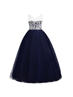 Girls Tulle Dresses 7-16 Flower Lace Pageant Party Wedding Floor Length Formal Dance Evening Gowns