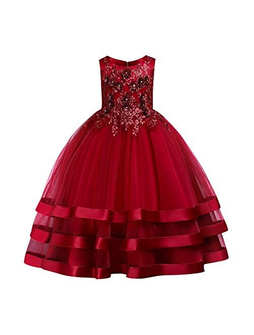 IBTOM CASTLE Girls Tulle Dresses 7-16 Flower Lace Pageant Party Wedding Floor Length Formal Dance Evening Gowns