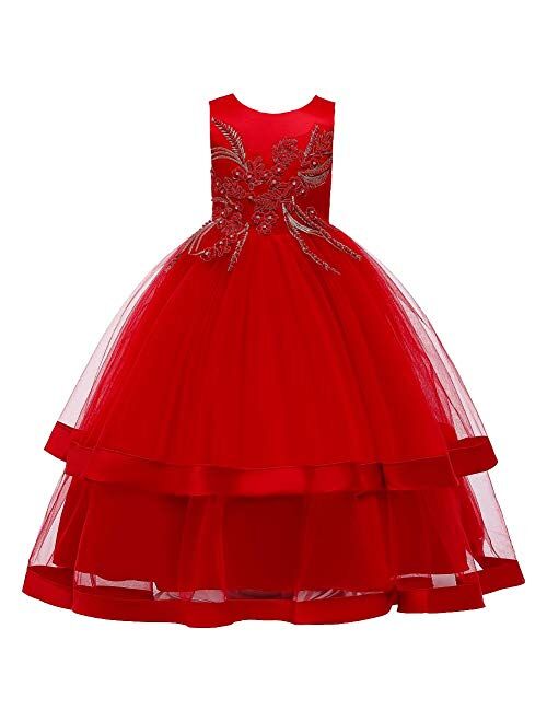 IBTOM CASTLE Girls Tulle Dresses 7-16 Flower Lace Pageant Party Wedding Floor Length Formal Dance Evening Gowns