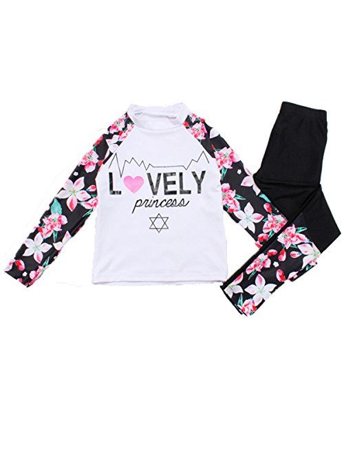 Baby Kids Girls Two Pieces Swimwear Long Sleeve Flower Print Full Body Sun Protection Rash Guard Swimsuit