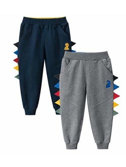 Fruitsunchen Toddler Boys Jogger Pants Dinosaur Splice Drawstring Elastic Sweatpants (1-Pack 2-Pack)