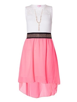 NOROZE Girls Sleeveless Asymmetrical Chiffon Dress + Necklace