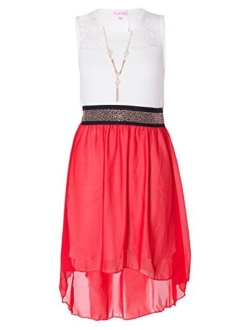 NOROZE Girls Sleeveless Asymmetrical Chiffon Dress + Necklace