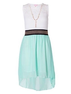 NOROZE Girls Sleeveless Asymmetrical Chiffon Dress + Necklace