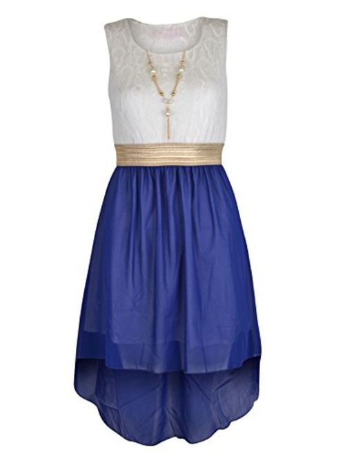 NOROZE Girls Sleeveless Asymmetrical Chiffon Dress + Necklace