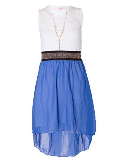 NOROZE Girls Sleeveless Asymmetrical Chiffon Dress + Necklace