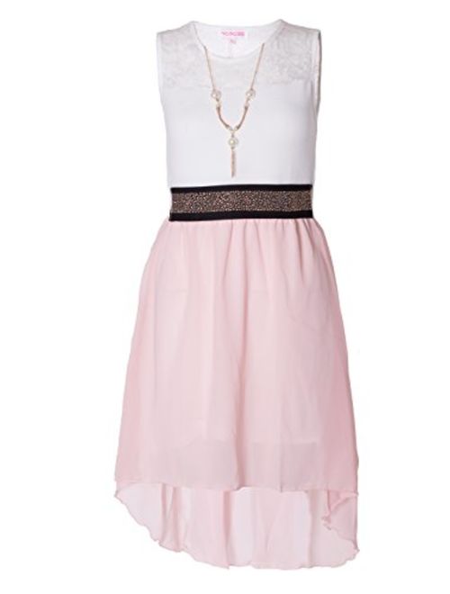 NOROZE Girls Sleeveless Asymmetrical Chiffon Dress + Necklace