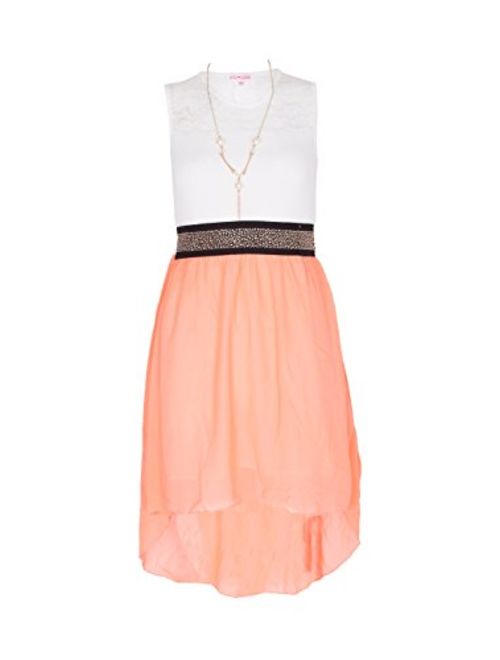 NOROZE Girls Sleeveless Asymmetrical Chiffon Dress + Necklace