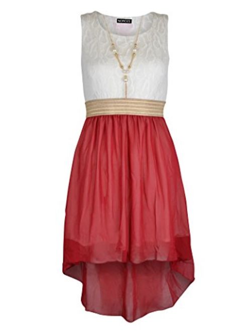 NOROZE Girls Sleeveless Asymmetrical Chiffon Dress + Necklace