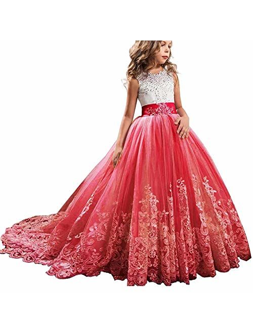 TTYAOVO Girls Embroidery Princess Dress Wedding Birthday Party Long Tail Prom Gowns