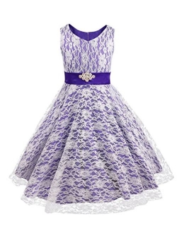 iEFiEL Kids Big Girls V-Neck Lace Flower Dress Graduation Pageant Ball Gown