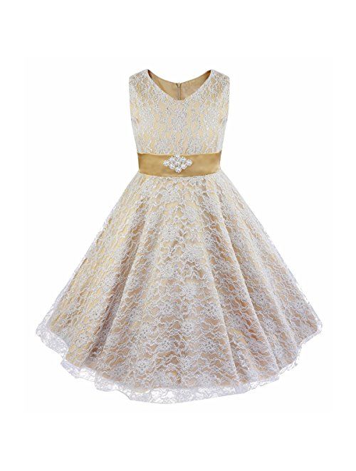 iEFiEL Kids Big Girls V-Neck Lace Flower Dress Graduation Pageant Ball Gown