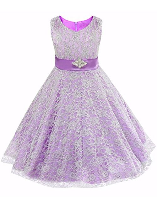 iEFiEL Kids Big Girls V-Neck Lace Flower Dress Graduation Pageant Ball Gown