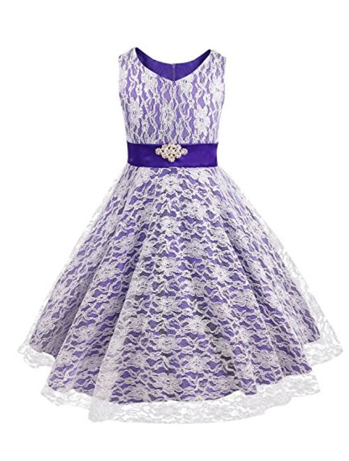 iEFiEL Kids Big Girls V-Neck Lace Flower Dress Graduation Pageant Ball Gown