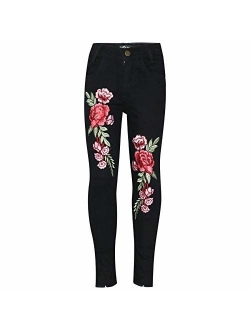 A2Z Kids Girls Stretchy Jeans Designer Rose Embroidered Denim Pants Trousers Jegging