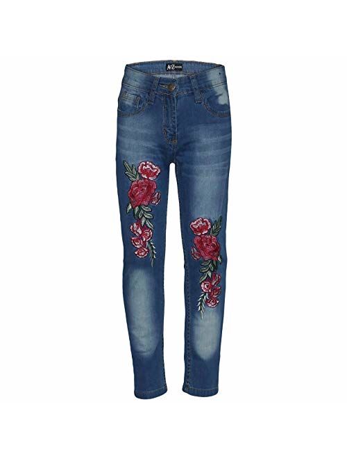 A2Z Kids Girls Stretchy Jeans Designer Rose Embroidered Denim Pants Trousers Jegging