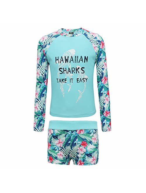 PHIBEE Girls' Rash Guard Set Long Sleeve UPF 50+ Sun Protection Two-Piece Swimwear