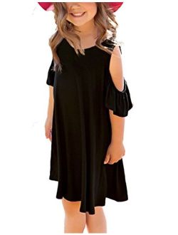 GRAPENT Girls Cold Shoulder Ruffled Short Sleeve Casual Loose Tunic Shirt Dress