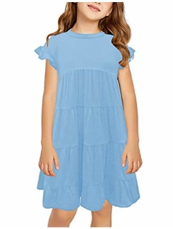 GRAPENT Girls Cold Shoulder Ruffled Short Sleeve Casual Loose Tunic Shirt Dress