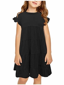 GRAPENT Girls Cold Shoulder Ruffled Short Sleeve Casual Loose Tunic Shirt Dress