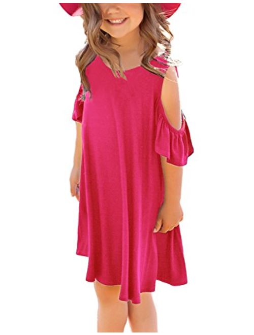 GRAPENT Girls Cold Shoulder Ruffled Short Sleeve Casual Loose Tunic Shirt Dress