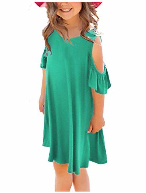 GRAPENT Girls Cold Shoulder Ruffled Short Sleeve Casual Loose Tunic Shirt Dress