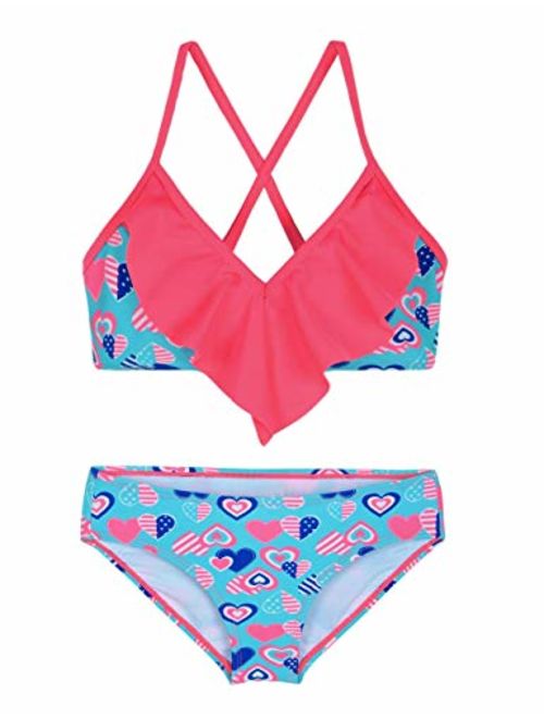 Hilor Girl's Bikini Swimsuits Ruffle Flounce Two Piece Beach Swimwear Tankini Set