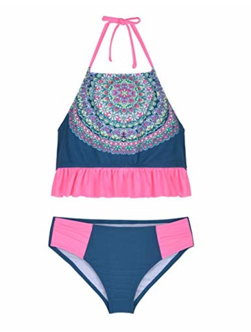 Hilor Girl's Bikini Swimsuits Ruffle Flounce Two Piece Beach Swimwear Tankini Set