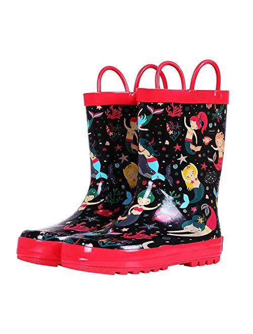 Colorxy Toddler Kids Rain Boots with Easy On Handles, Waterproof Rubber Cute Patterns Wellies Rainboots for Girls & Boys