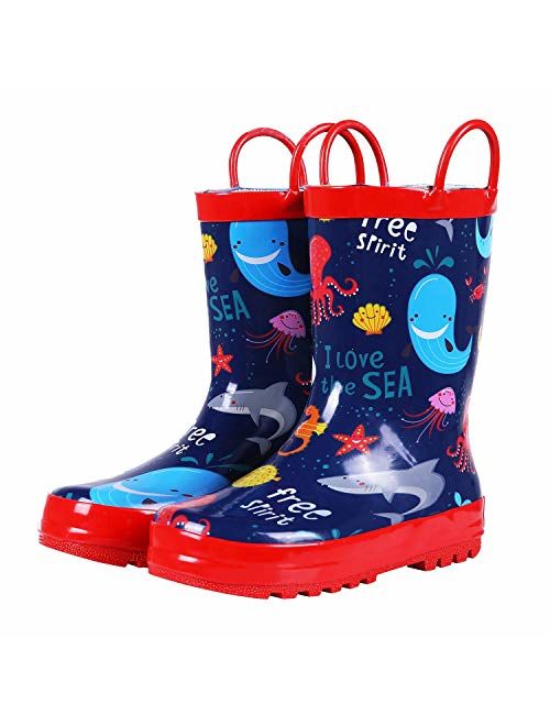 Colorxy Toddler Kids Rain Boots with Easy On Handles, Waterproof Rubber Cute Patterns Wellies Rainboots for Girls & Boys