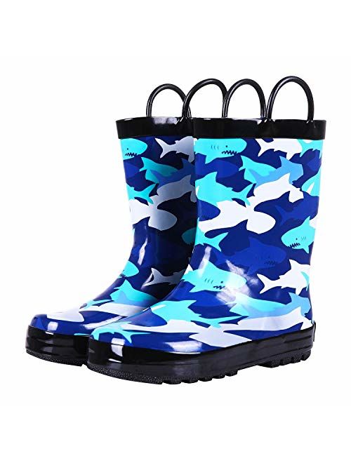 Colorxy Toddler Kids Rain Boots with Easy On Handles, Waterproof Rubber Cute Patterns Wellies Rainboots for Girls & Boys